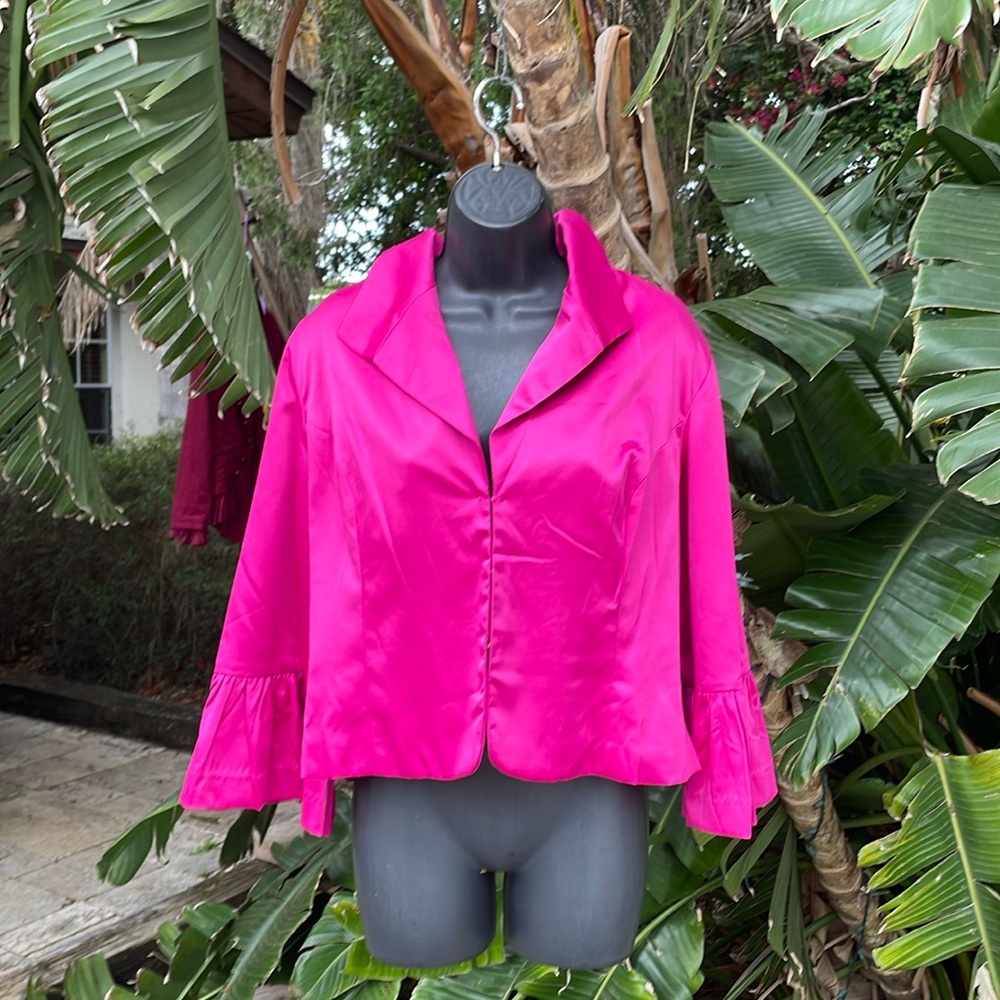 Newport News cropped satin statement, bell ruffle sleeve jacket